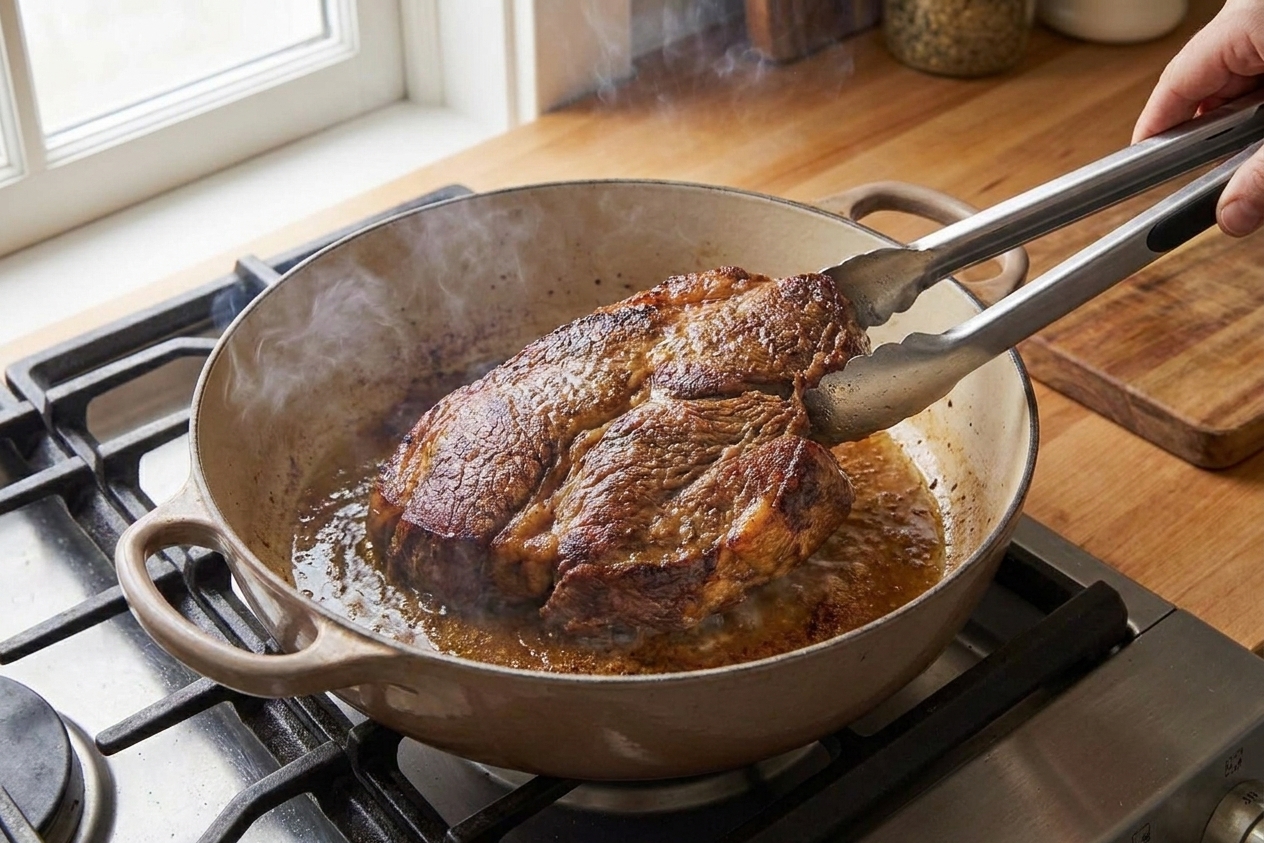A chuck roast being seared in a cast iron Dutch oven on a stovetop with visible browning on the surface and tongs holding the meat