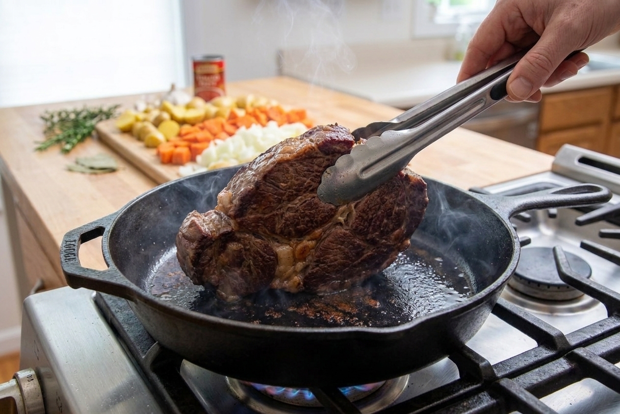 A chuck roast being seared in a hot cast iron skillet with browned edges forming while held with tongs
