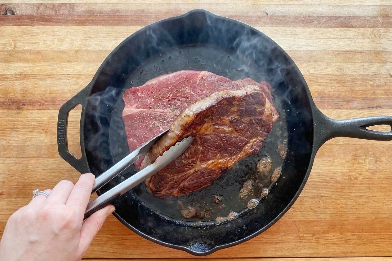 A chuck roast being seared in a hot cast iron skillet with browned crust forming on the surface