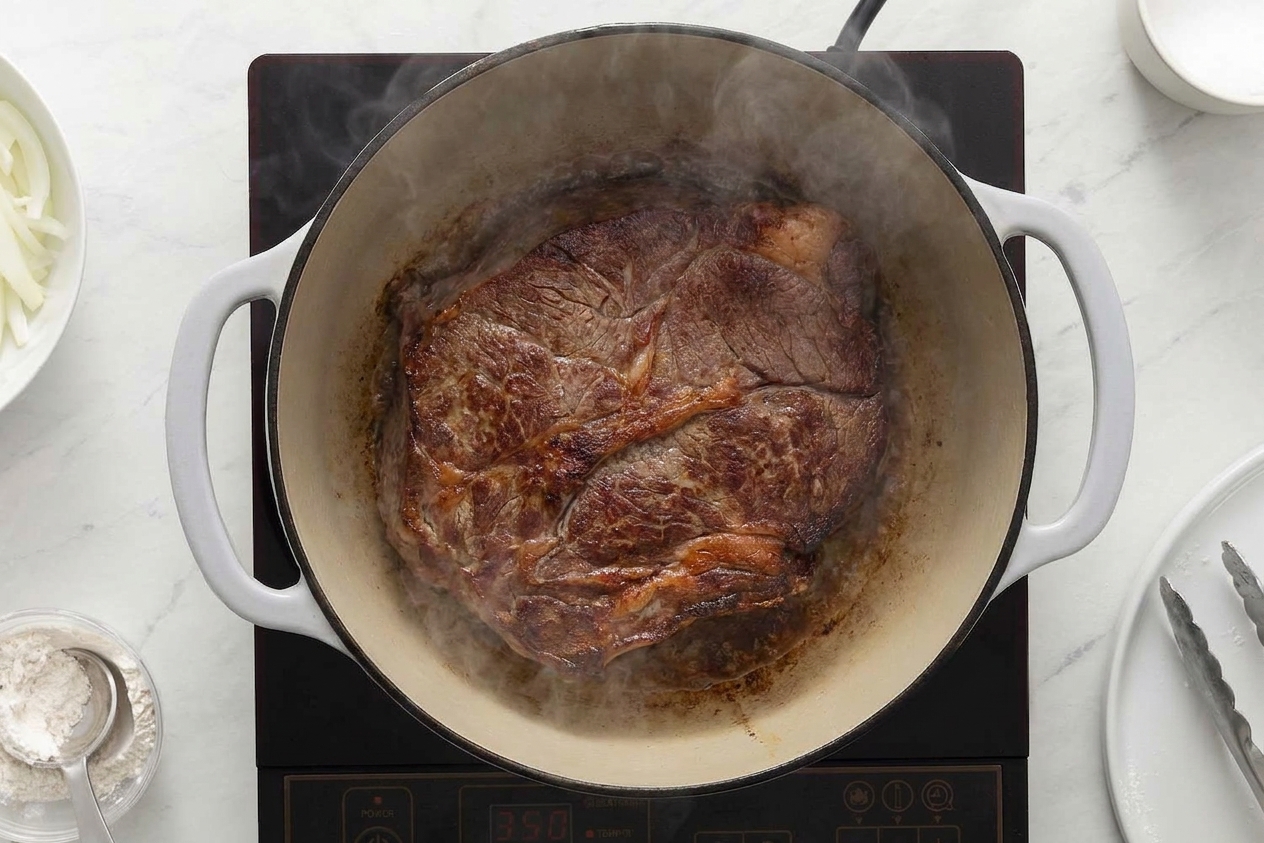 A chuck roast being seared in a hot skillet with a browned crust forming on the surface