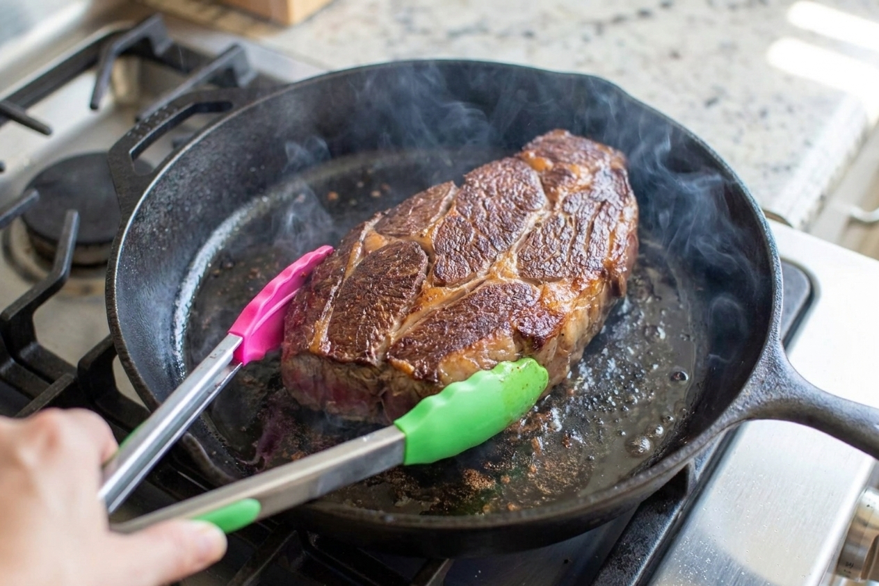 A chuck roast being seared in a hot skillet with a browned crust forming on the surface