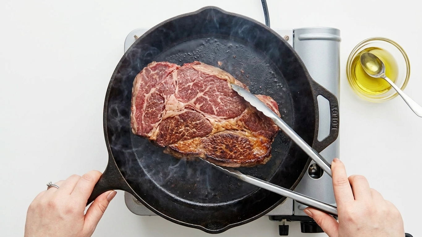 A chuck roast being seared in a hot skillet, with browned edges forming on the surface
