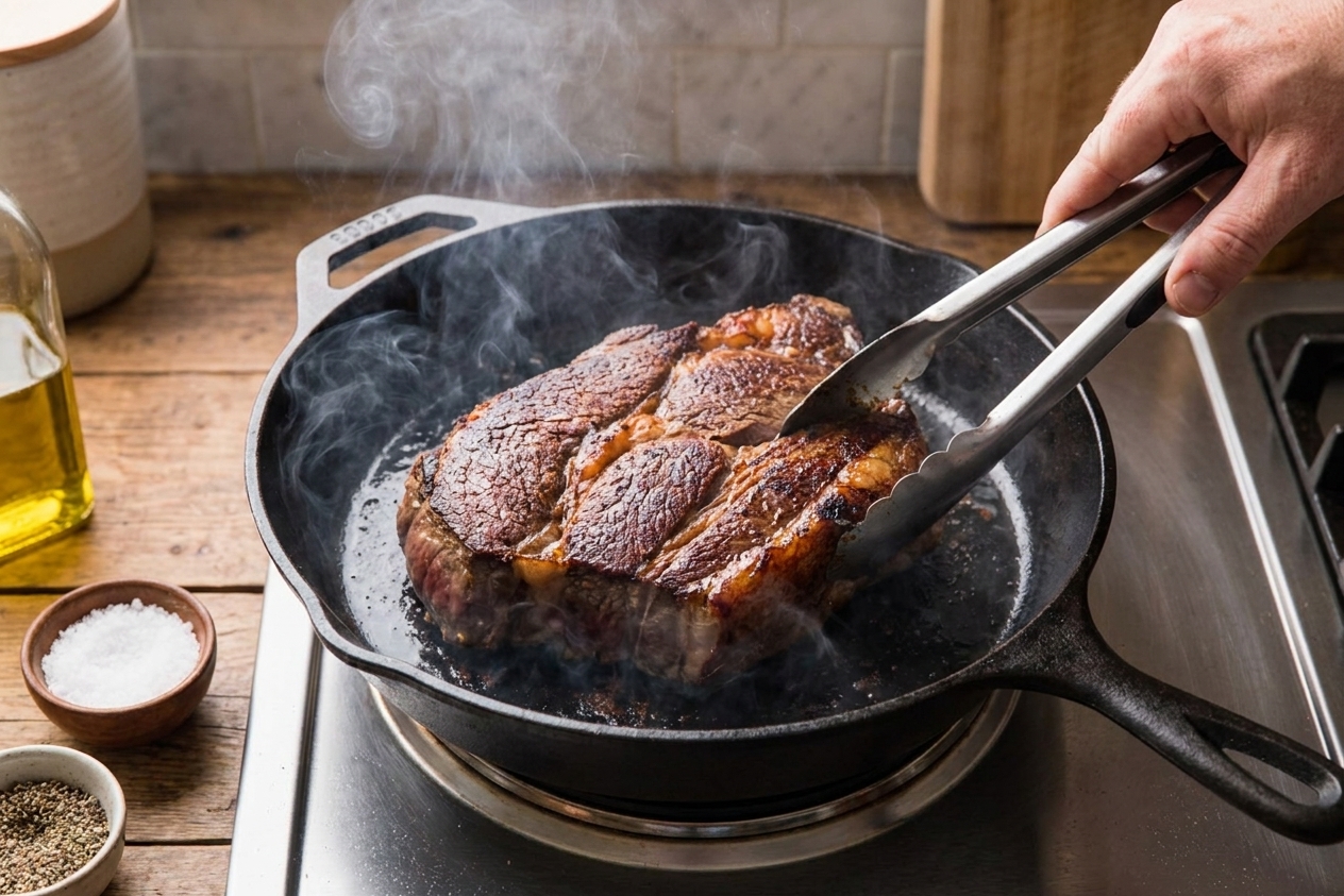 A chuck roast being seared in a hot skillet with browned edges developing