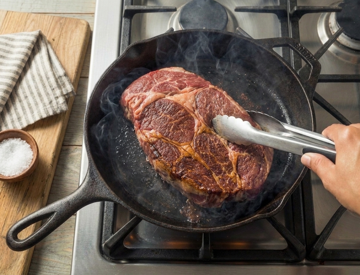 A chuck roast being seared in a hot skillet with browned edges forming
