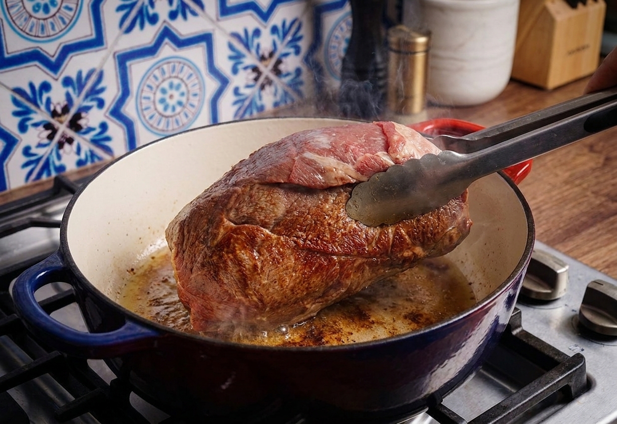 A chuck roast browning in a Dutch oven on a stovetop with caramelized edges forming, kitchen action photo