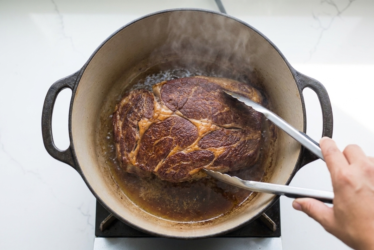 A chuck roast browning in a Dutch oven with a dark golden crust forming on the surface