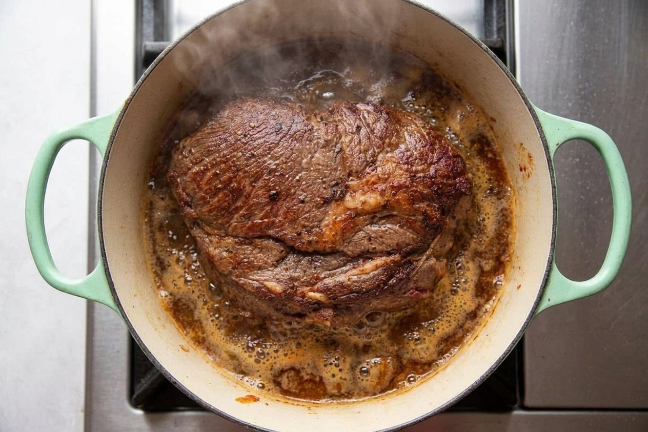 A chuck roast browning in a cast iron Dutch oven on a stovetop with a deep golden crust forming, no text in scene