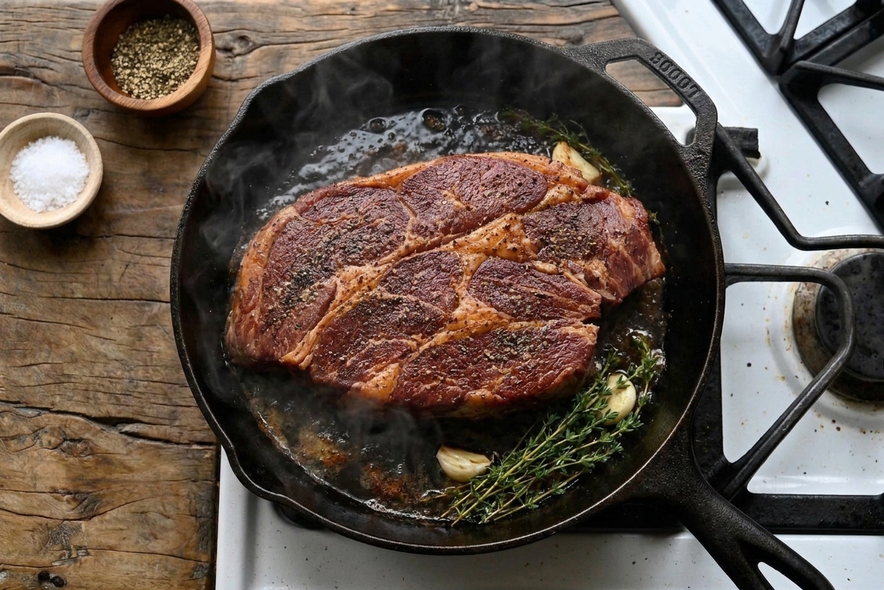 A chuck roast browning in a hot skillet with a deep golden crust forming on the surface