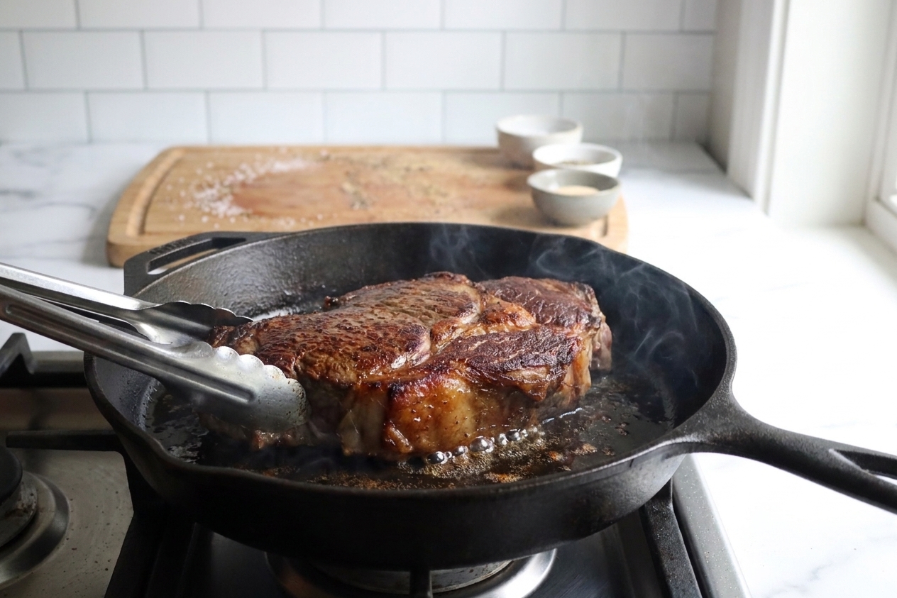 A chuck roast browning in a hot skillet with dark golden crust forming on the surface