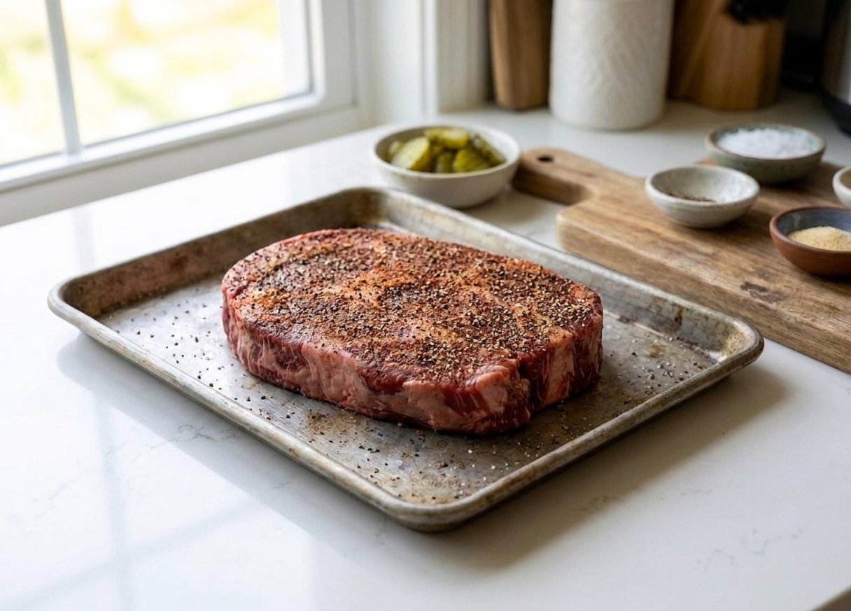 A chuck roast fully coated in a dark, peppery spice rub resting on a rimmed sheet pan on a kitchen counter