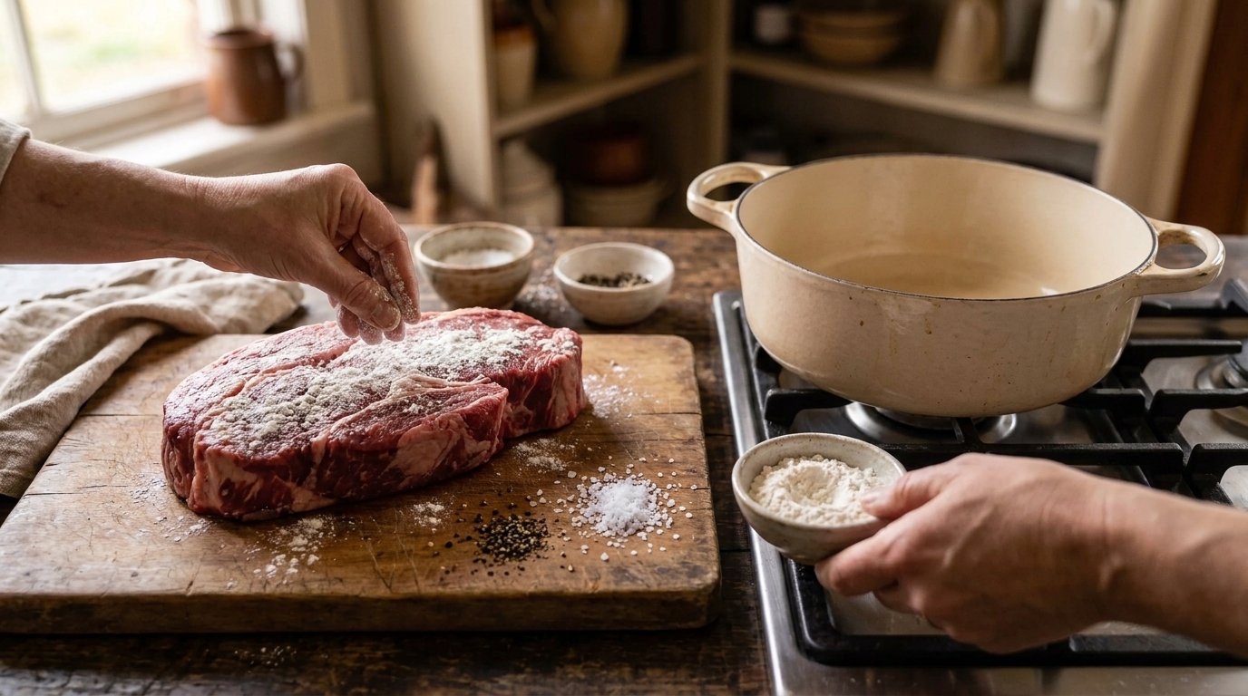 A chuck roast on a cutting board being dusted with flour, salt, and pepper next to a Dutch oven on the stove