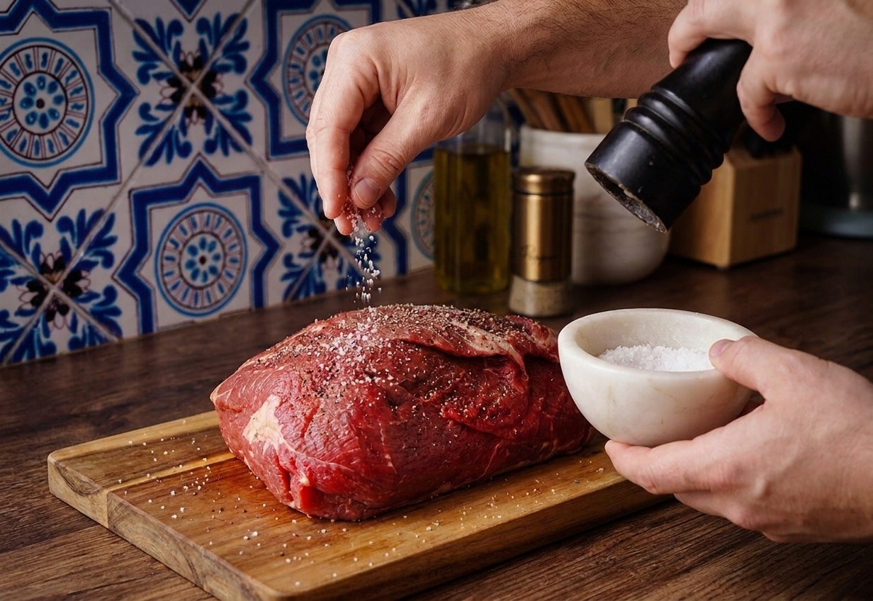 A chuck roast on a cutting board being seasoned with salt and black pepper by a cook's hands in a home kitchen