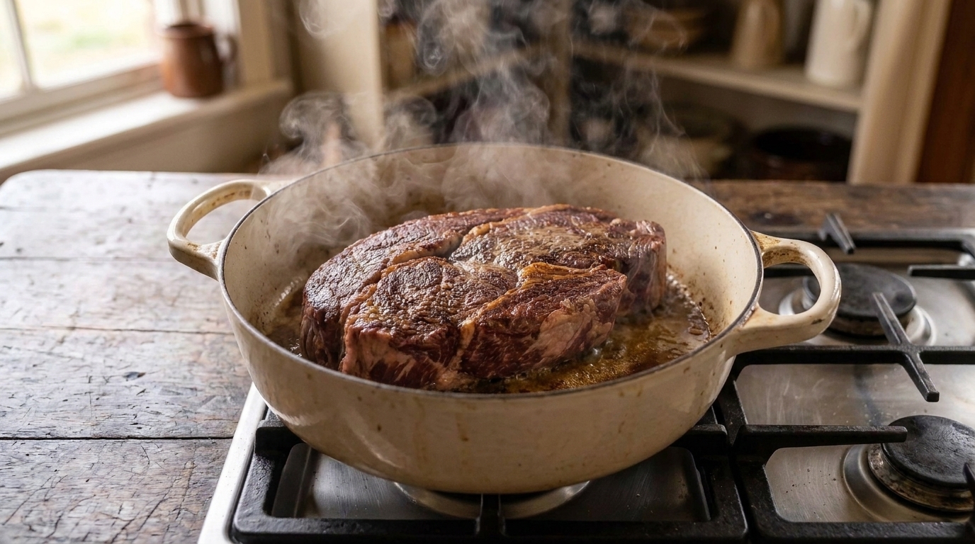 A chuck roast searing in a Dutch oven with a dark brown crust forming as steam rises