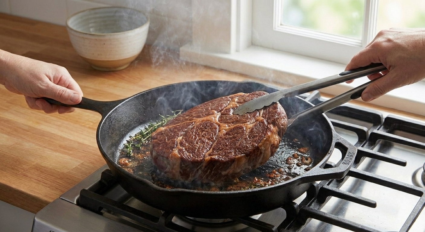 A chuck roast searing in a hot skillet with browned crust forming on the surface