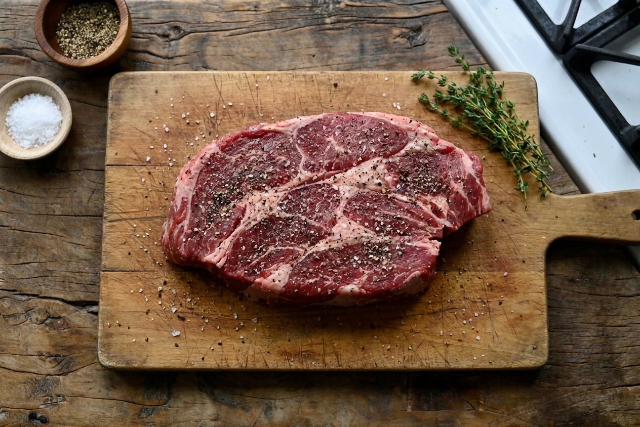 A chuck roast seasoned with salt and black pepper on a cutting board in a home kitchen