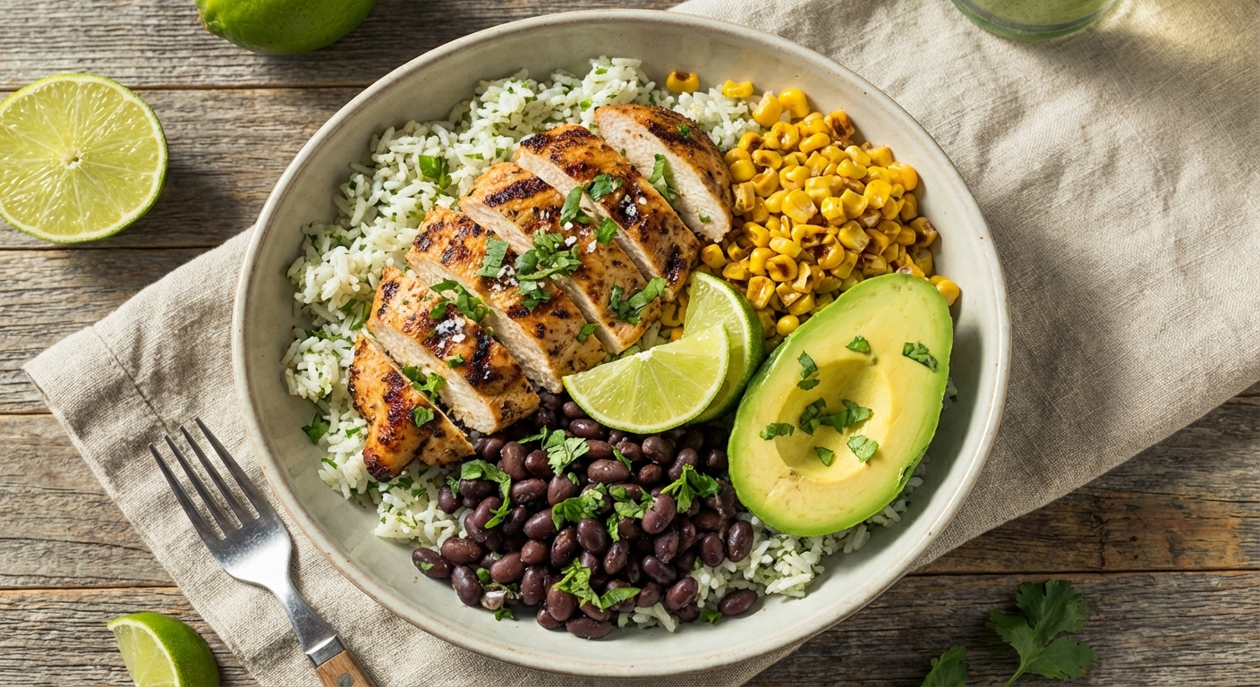 A cilantro lime chicken rice bowl with sliced chicken, cilantro lime rice, black beans, corn, avocado slices, and lime wedges in a ceramic bowl, overhead photorealistic food photography