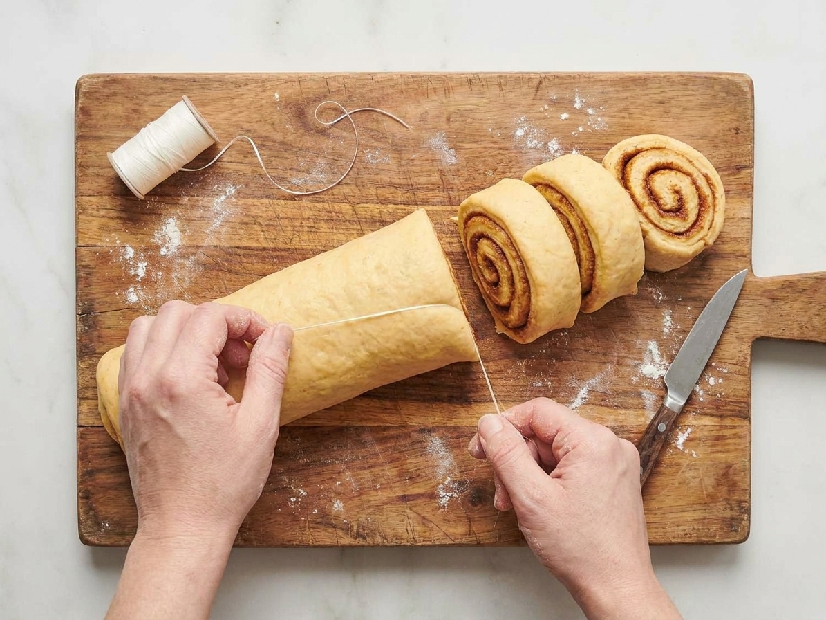 A cinnamon bun dough log being sliced with unflavored dental floss on a wooden cutting board