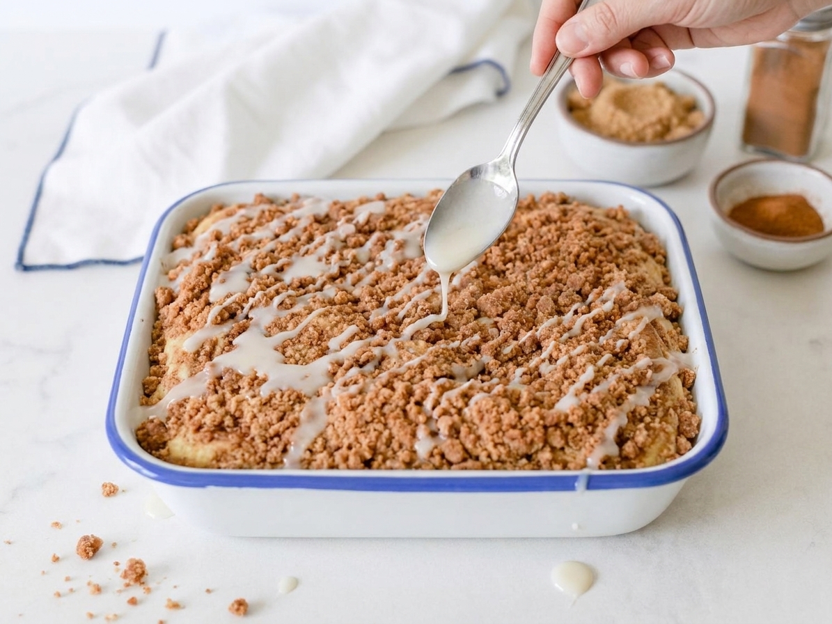 A cinnamon coffee cake being drizzled with a thin vanilla glaze from a spoon, crumbs visible on top