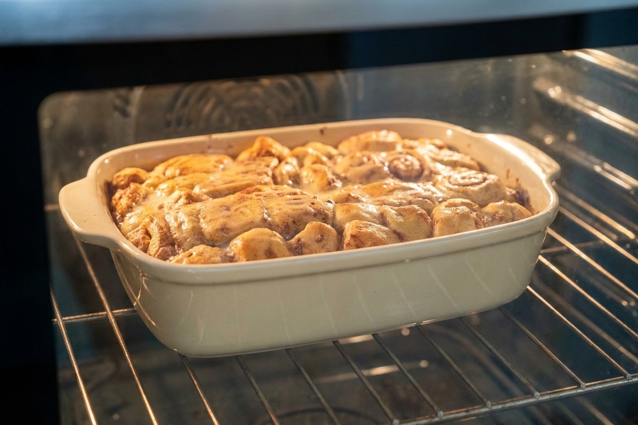 A cinnamon roll casserole baking in an oven in a ceramic dish, top turning golden brown