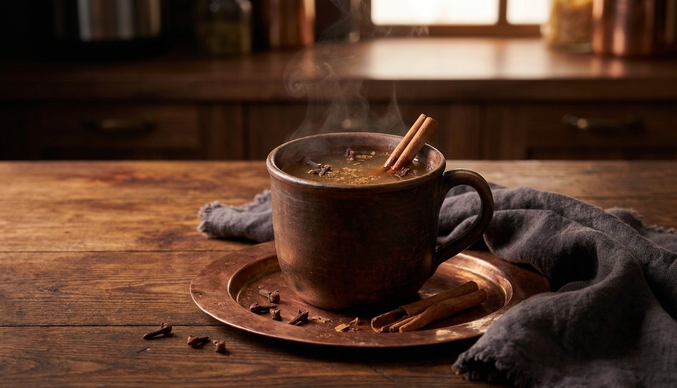 A cinnamon stick and whole cloves steeping in hot water inside a ceramic mug on a kitchen counter