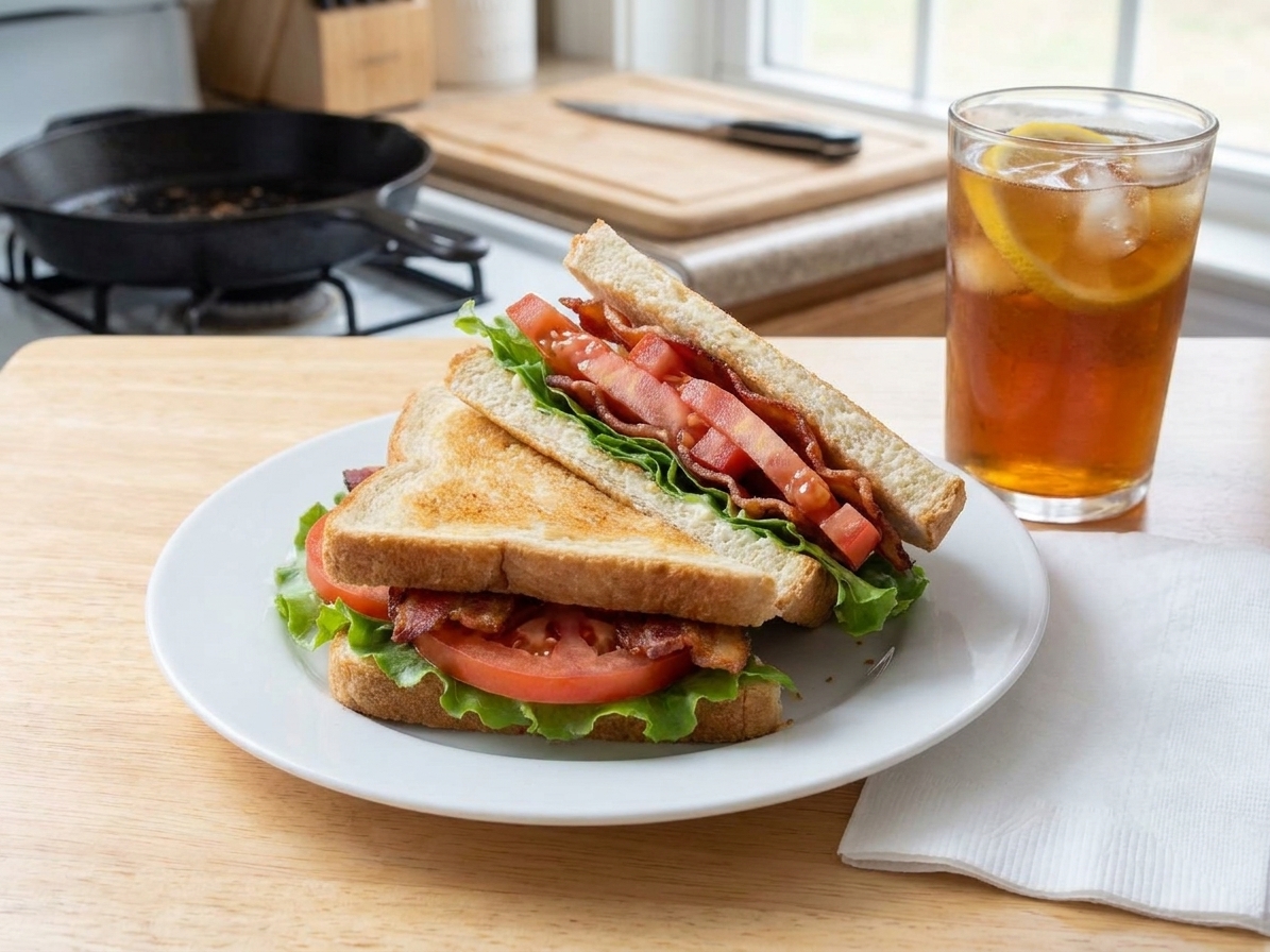 A classic BLT sandwich cut in half on a white plate, showing crisp bacon, bright red tomato slices, and crunchy lettuce on toasted bread, with a simple kitchen table setting in soft natural light