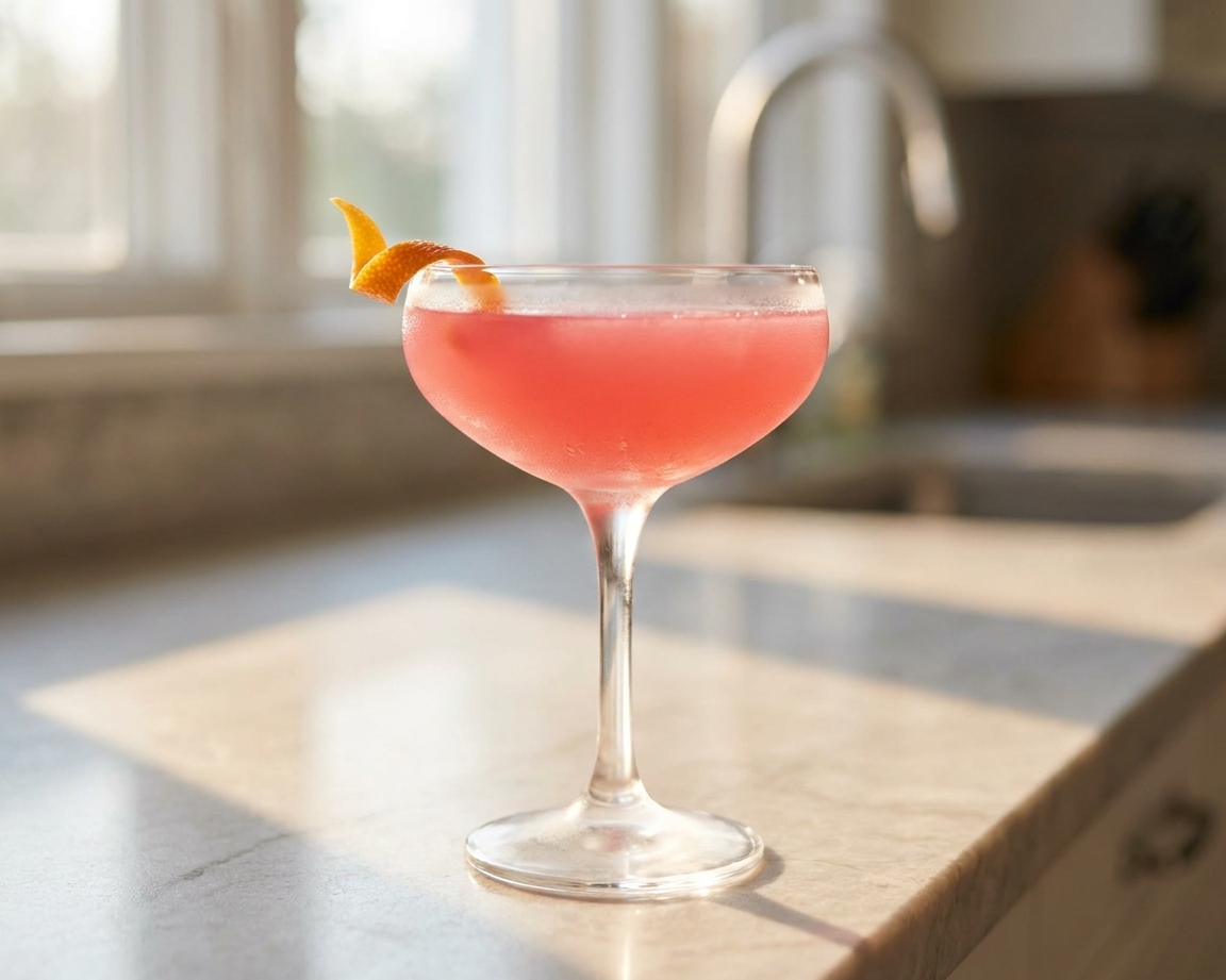 A classic Cosmopolitan cocktail in a chilled coupe glass with a thin orange peel twist on the rim, sitting on a light stone kitchen counter with soft natural window light