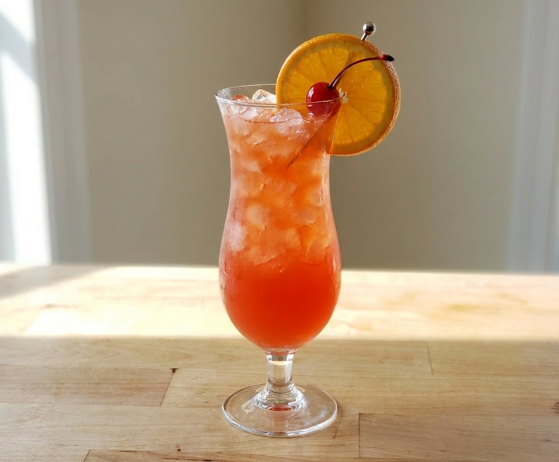 A classic Hurricane cocktail in a curved Hurricane glass filled with ice, garnished with an orange wheel and a cocktail cherry on a sunlit kitchen counter