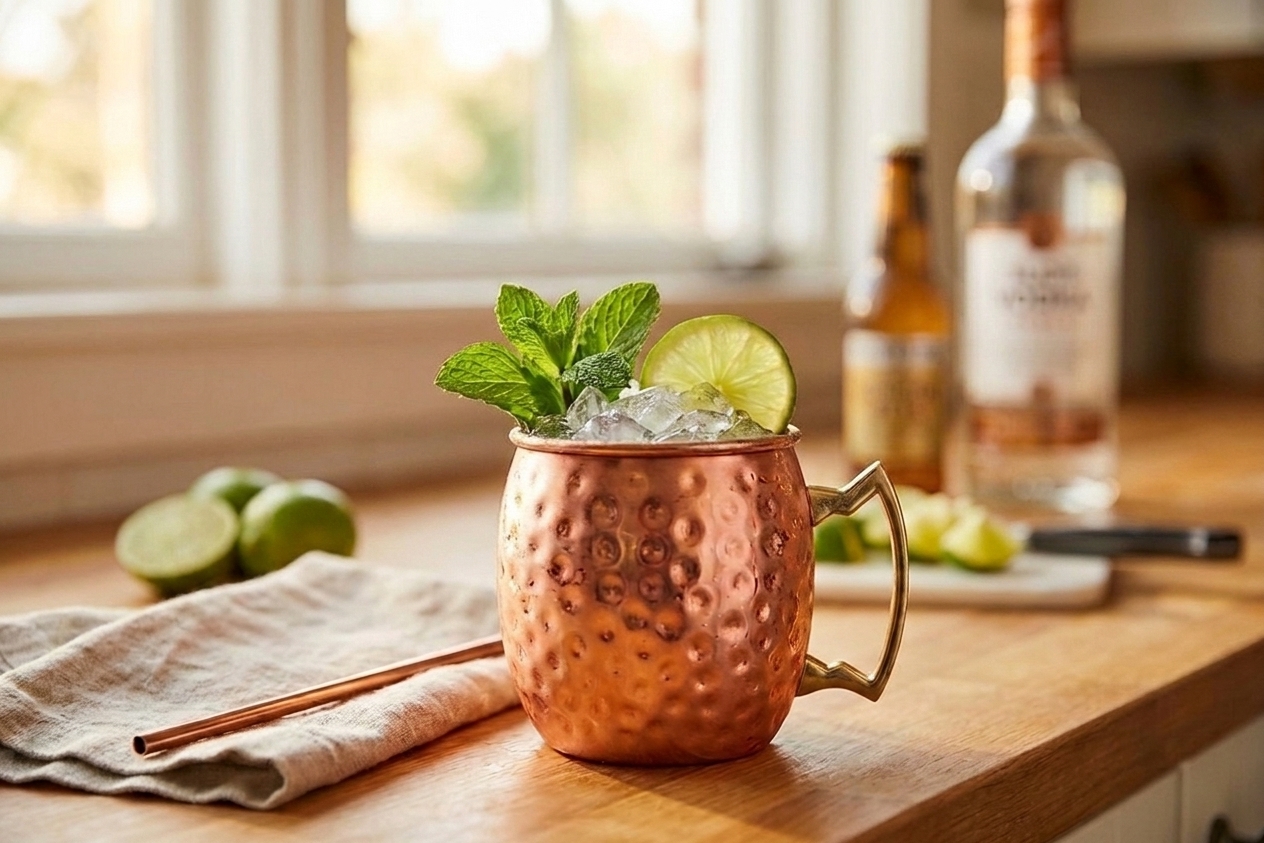A classic Moscow Mule in a copper mug filled with crushed ice, garnished with a lime wheel and a sprig of mint on a warm wooden kitchen counter