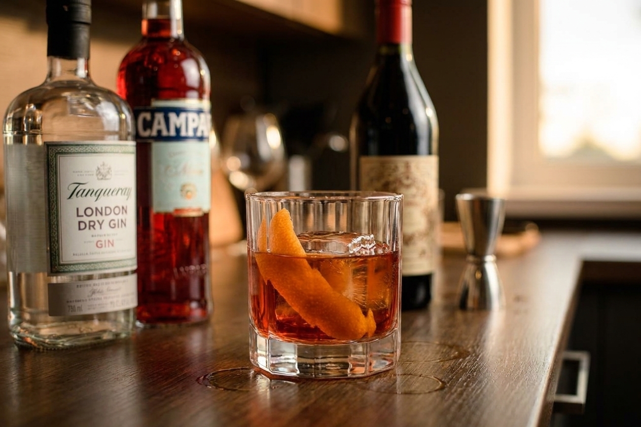 A classic Negroni in a clear rocks glass over one large ice cube, garnished with a wide orange peel twist on a warm kitchen counter with soft evening light