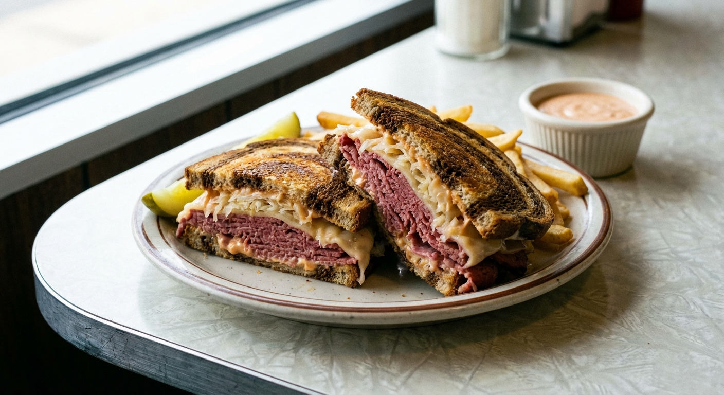 A classic Reuben sandwich cut in half on a diner-style plate, showing layers of corned beef, sauerkraut, Swiss cheese, and rye bread, with a small ramekin of creamy Russian dressing in the background, photorealistic food photography