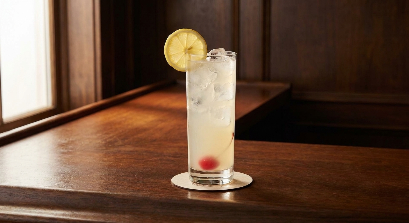 A classic Tom Collins in a tall Collins glass with clear ice, a lemon wheel, and a maraschino cherry on a wooden kitchen counter with soft natural light