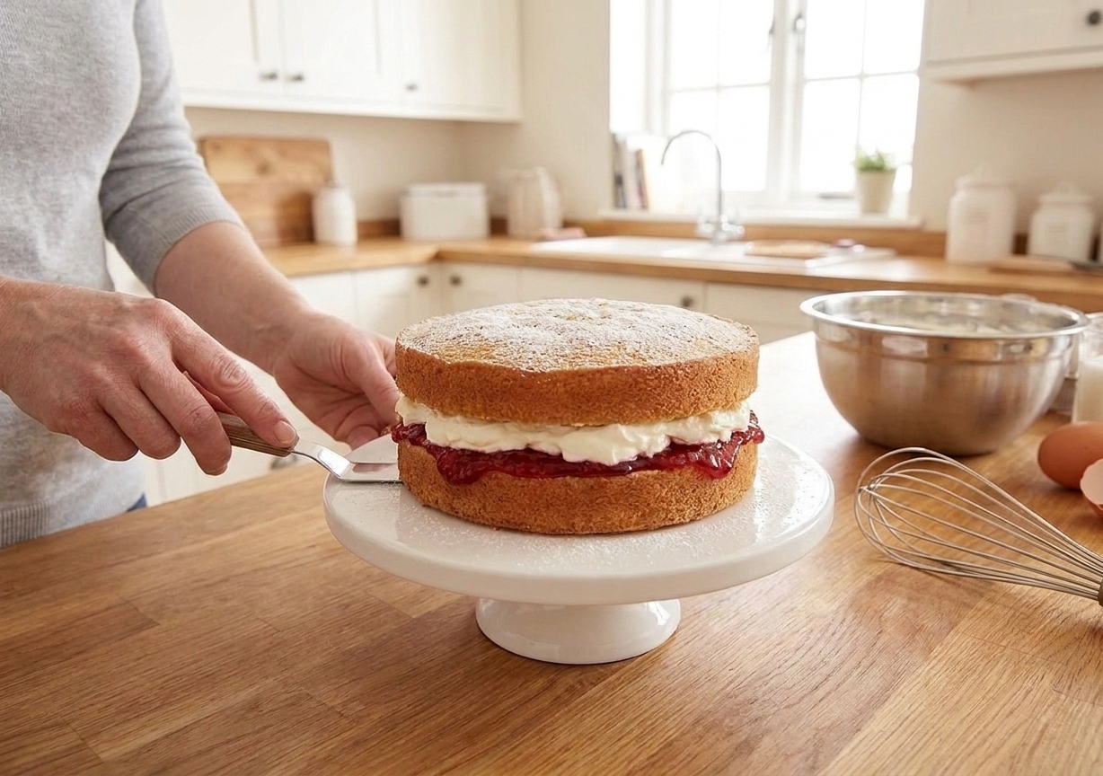 A classic Victoria sponge cake on a simple cake stand, filled with strawberry jam and whipped cream, dusted with powdered sugar on a bright kitchen counter