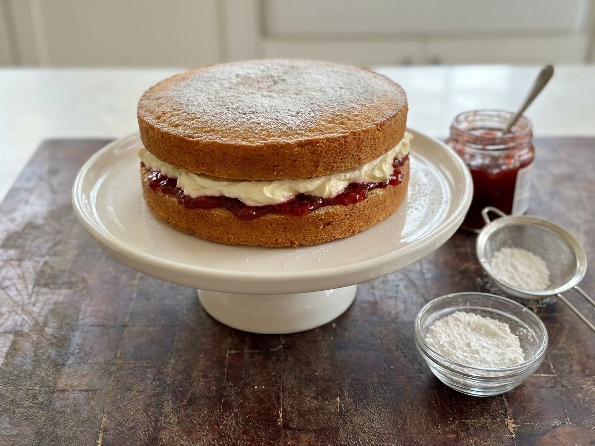 A classic Victoria sponge cake on a simple cake stand, layered with strawberry jam and whipped cream and dusted with powdered sugar on a bright kitchen table