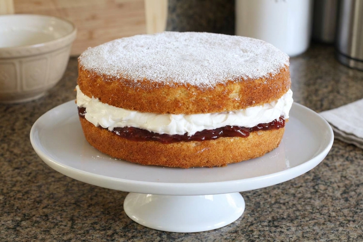 A classic Victoria sponge cake on a white cake stand, filled with strawberry jam and whipped cream and dusted with powdered sugar on a bright kitchen counter
