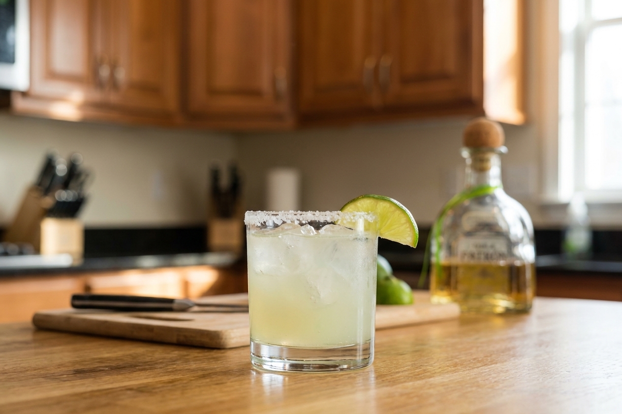 A classic margarita in a rocks glass with a fresh lime wedge and a salted rim on a light kitchen counter, natural window light