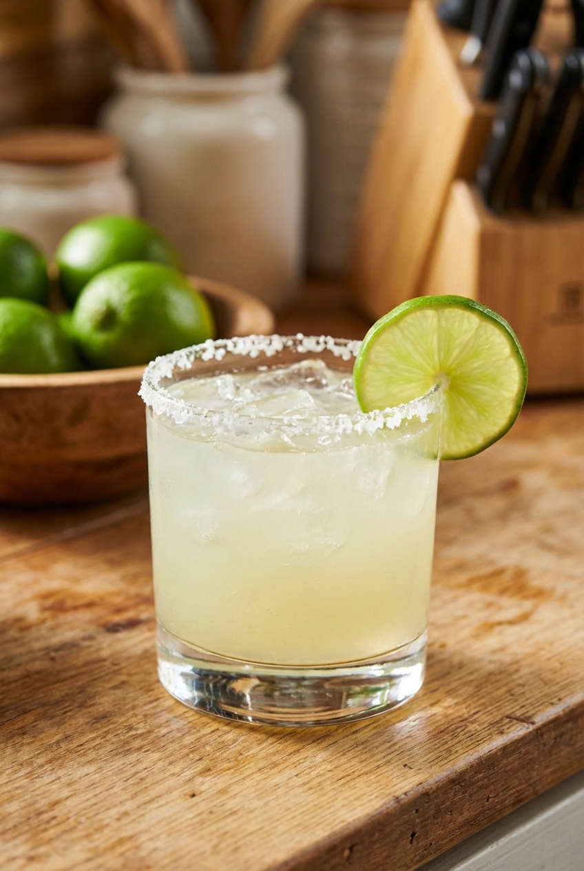 A classic margarita in a rocks glass with a salted rim and a fresh lime wheel on the edge, sitting on a wooden counter with limes in the background
