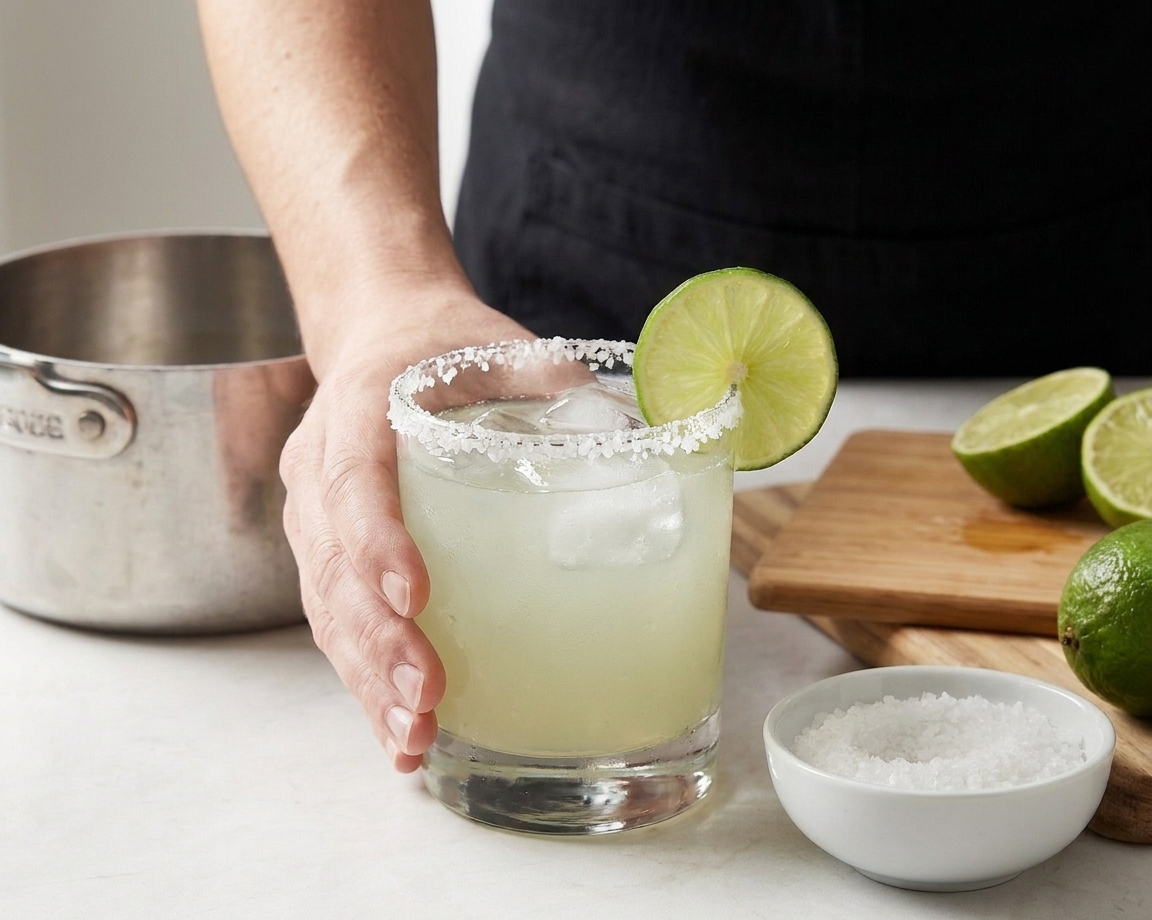A classic margarita in a rocks glass with a salted rim, a lime wheel garnish, and a small bowl of salt on the table