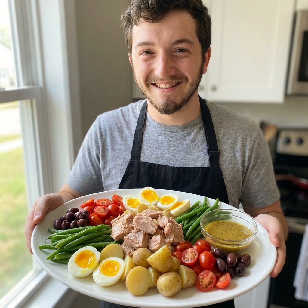A classic tuna Niçoise salad platter on a large white serving plate with flaky tuna, halved soft-boiled eggs, baby potatoes, crisp green beans, cherry tomatoes, black olives, and a small bowl of Dijon vinaigrette on the side, natural window light, real food photography