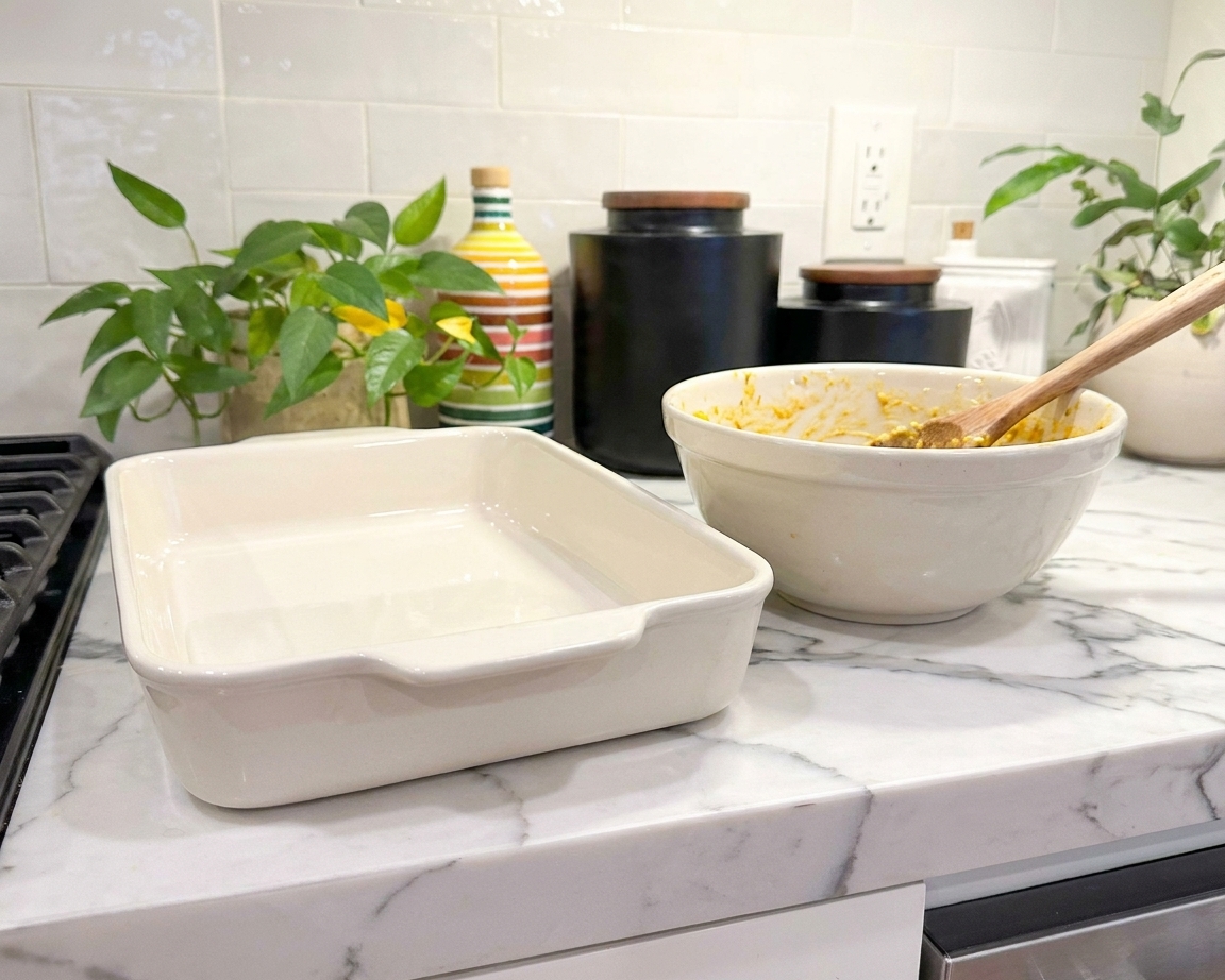 A clean 9x13-inch ceramic baking dish on a kitchen counter next to a mixing bowl and wooden spoon