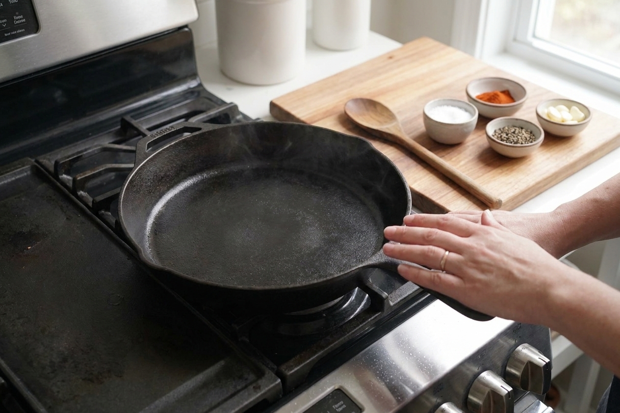 A clean, black cast iron skillet preheating on a home stove with a wooden spoon and small bowls of seasoning on the counter