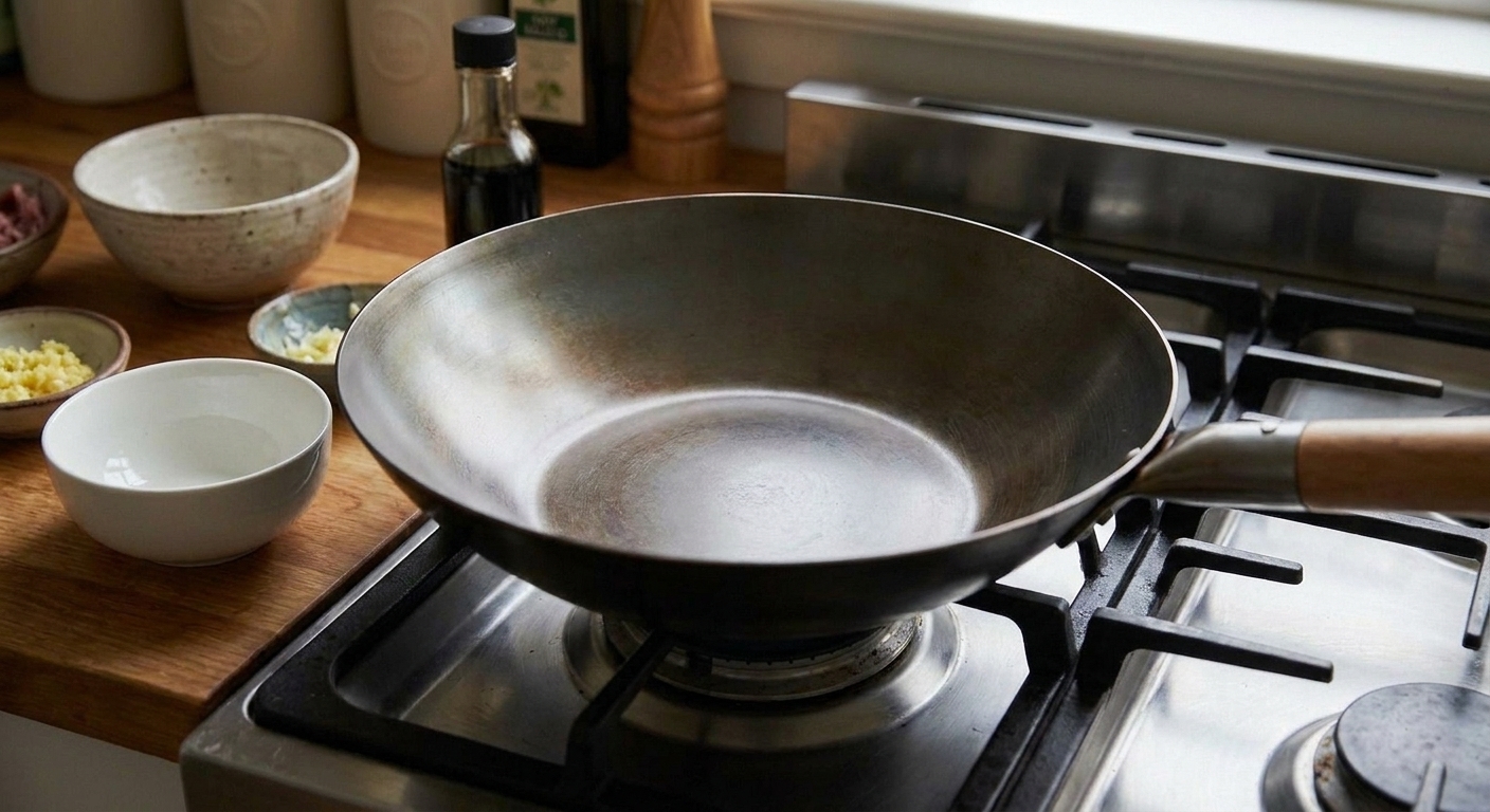 A clean carbon steel wok ready for stir frying in a warmly lit kitchen