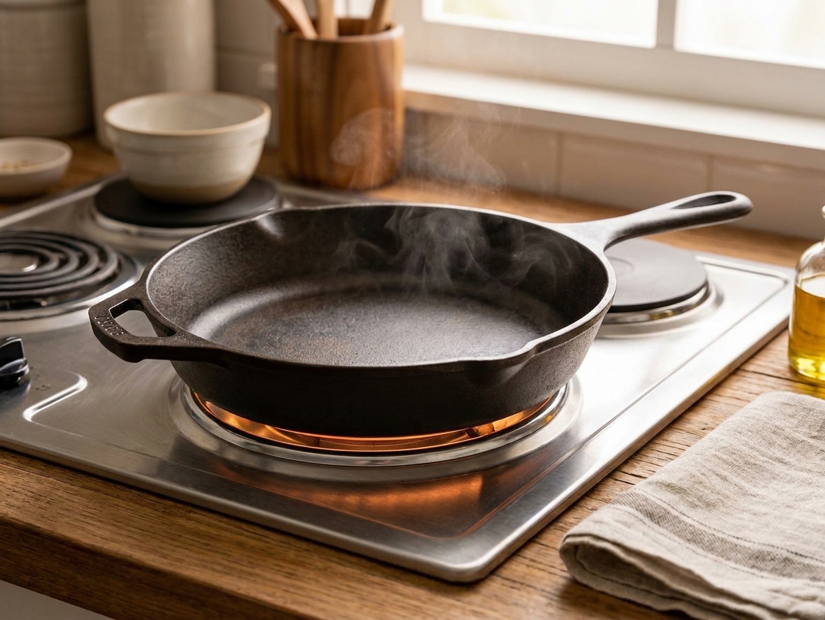 A clean cast iron skillet heating on a stovetop burner in a warmly lit home kitchen