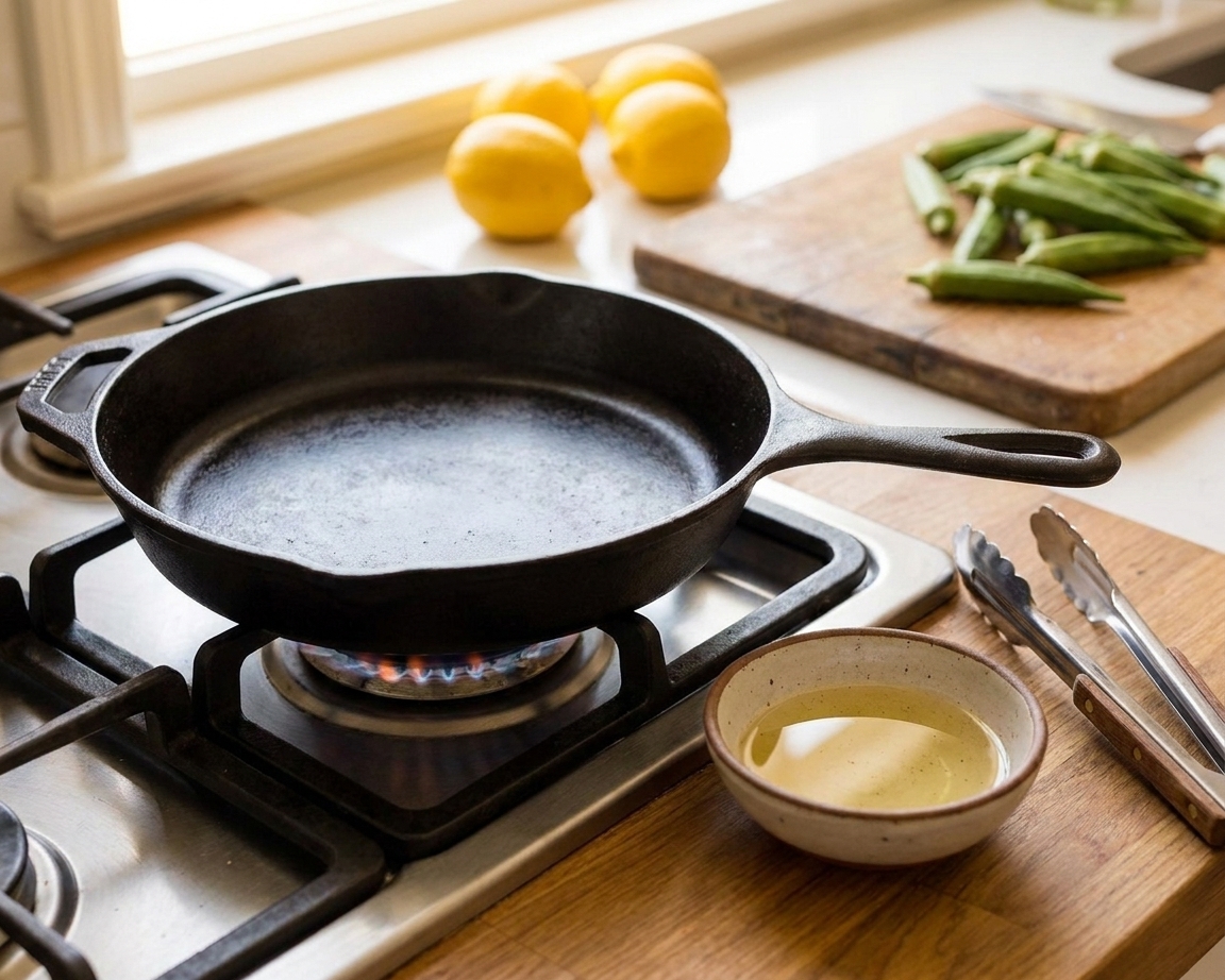 A clean cast iron skillet heating on a stovetop with a small bowl of oil and tongs nearby on the kitchen counter