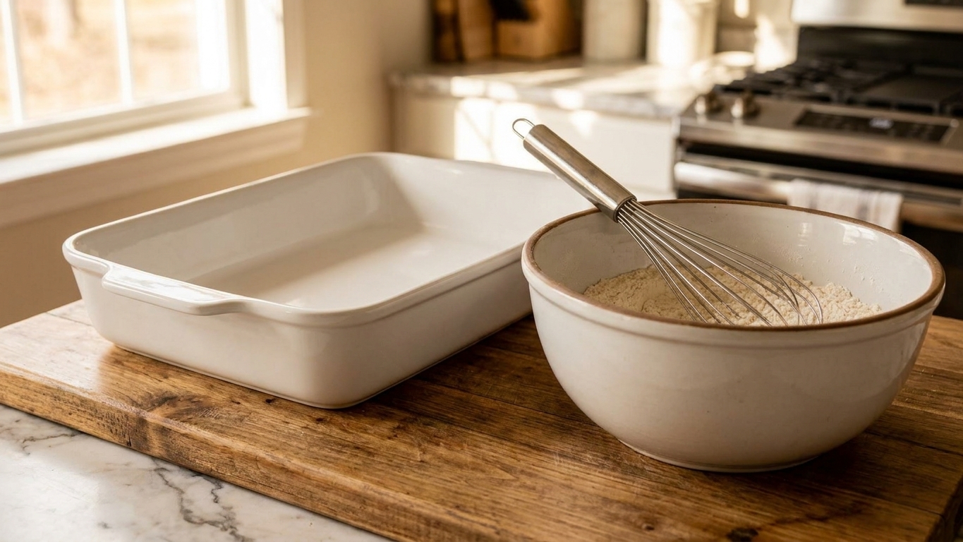 A clean ceramic 9x13-inch baking dish on a kitchen counter next to a whisk and mixing bowl