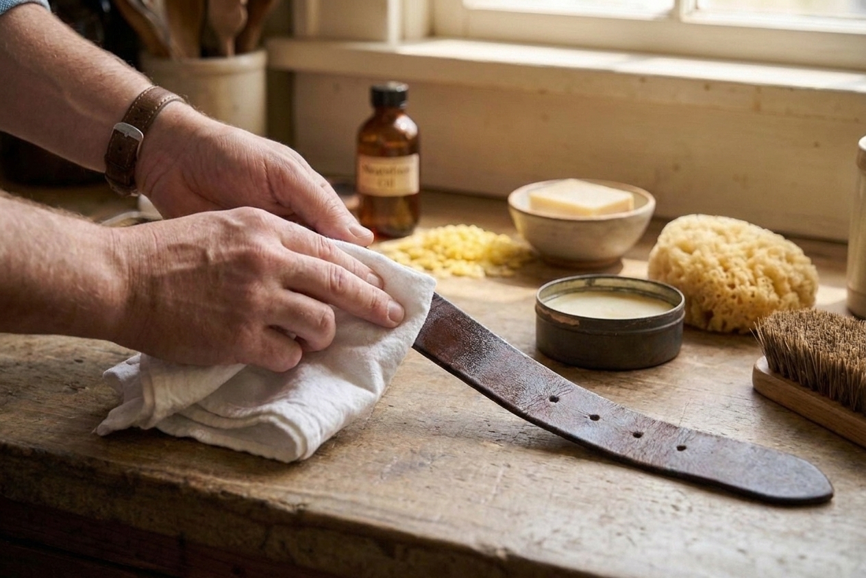 A clean cotton cloth buffing a leather belt on a wooden counter, showing a subtle sheen after cleaning