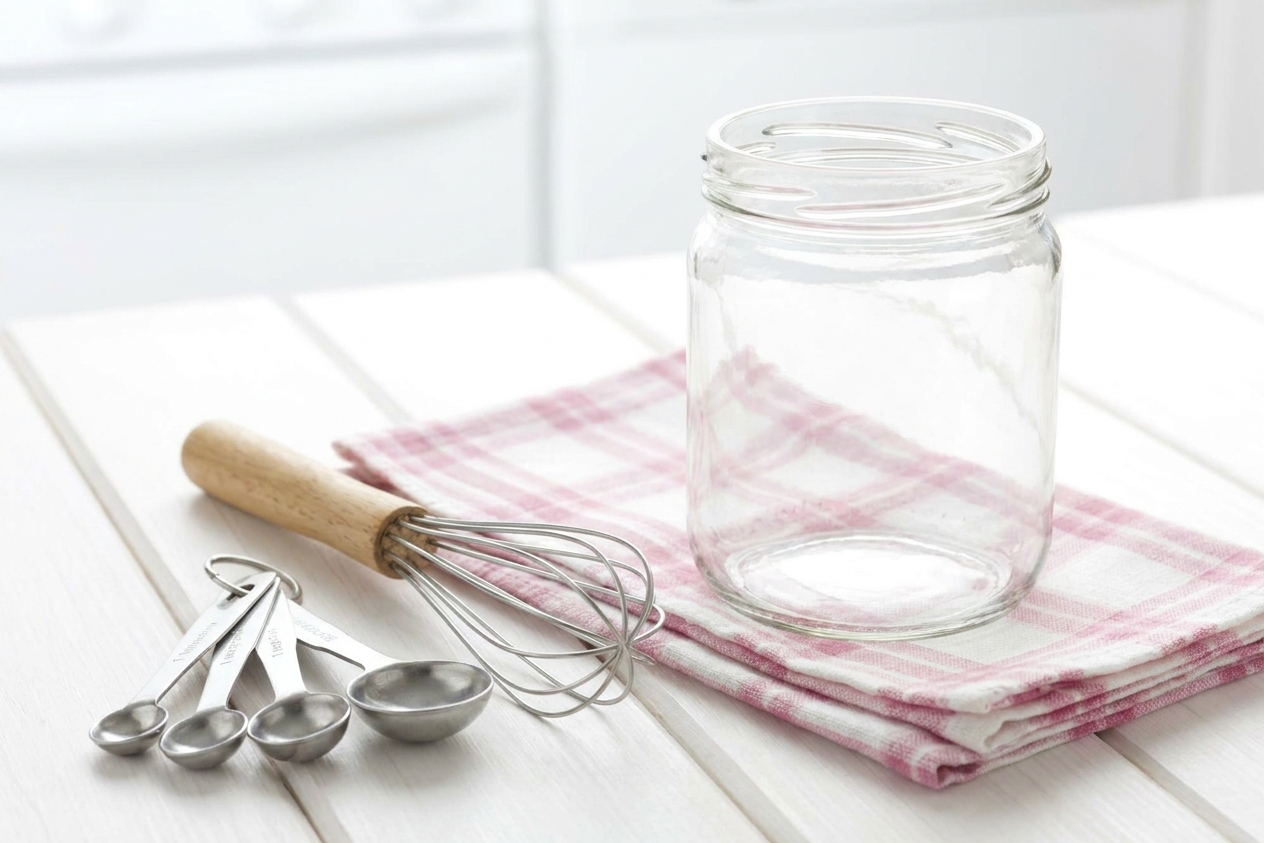A clean glass jar, a small whisk, and measuring spoons set on a bright kitchen counter before mixing