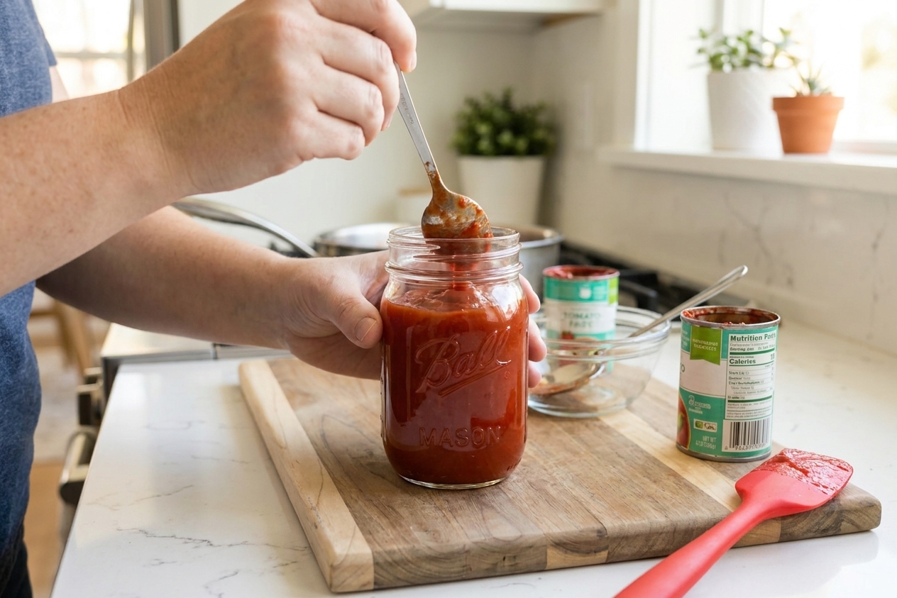 A clean glass jar being filled with homemade ketchup on a kitchen counter with a spoon nearby, soft natural light