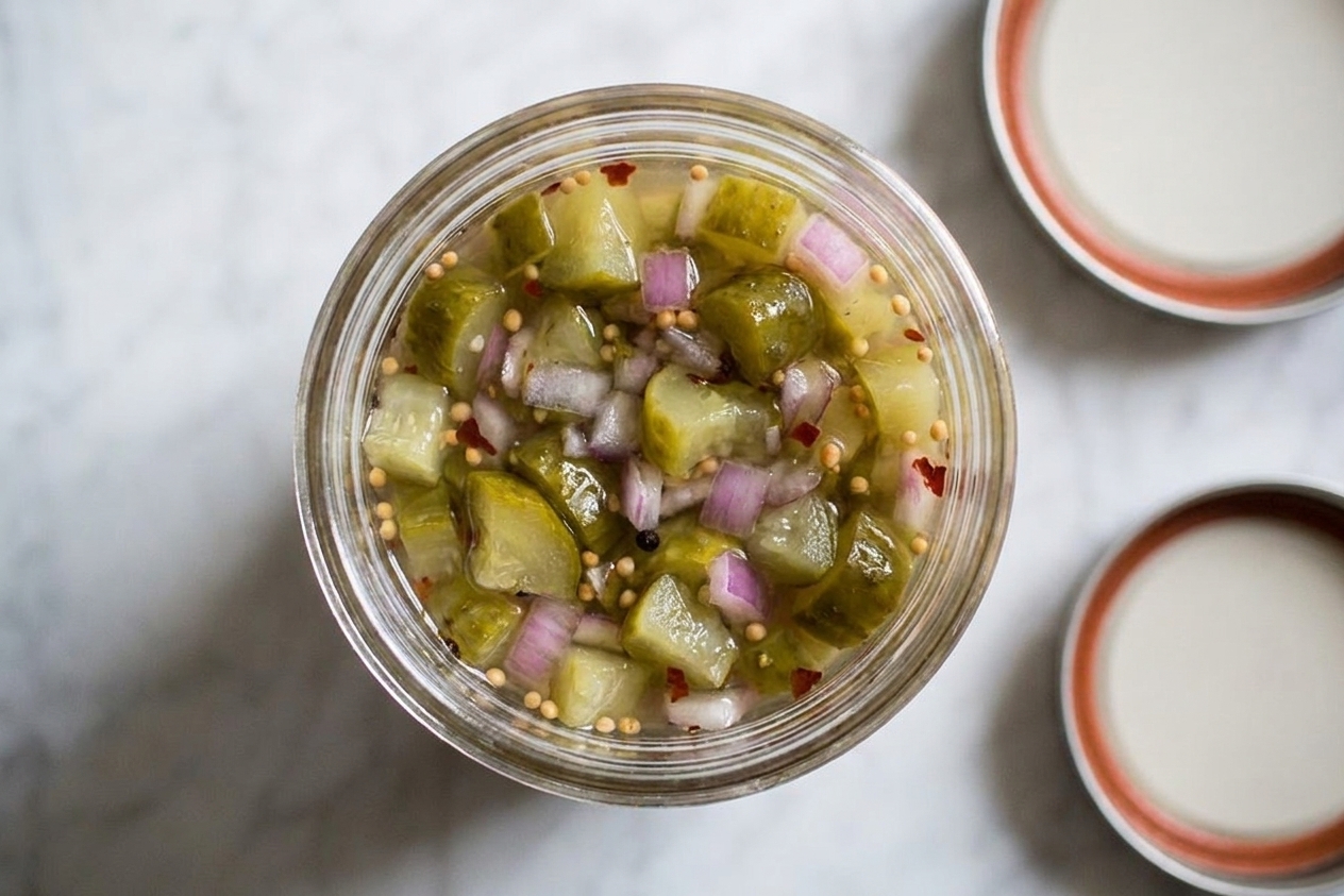 A clean glass jar filled with homemade pickle relish cooling on a kitchen counter with a lid beside it