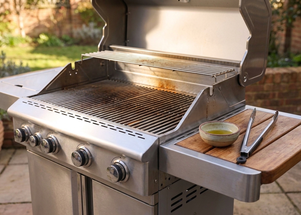 A clean grill with lid open as the grates preheat, with a small oil bowl and tongs nearby on the side shelf