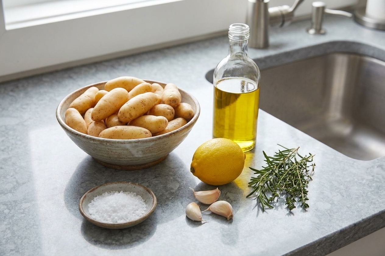 A clean kitchen counter with a bowl of fingerling potatoes, a small dish of kosher salt, a lemon, garlic cloves, olive oil, and fresh herbs laid out for cooking